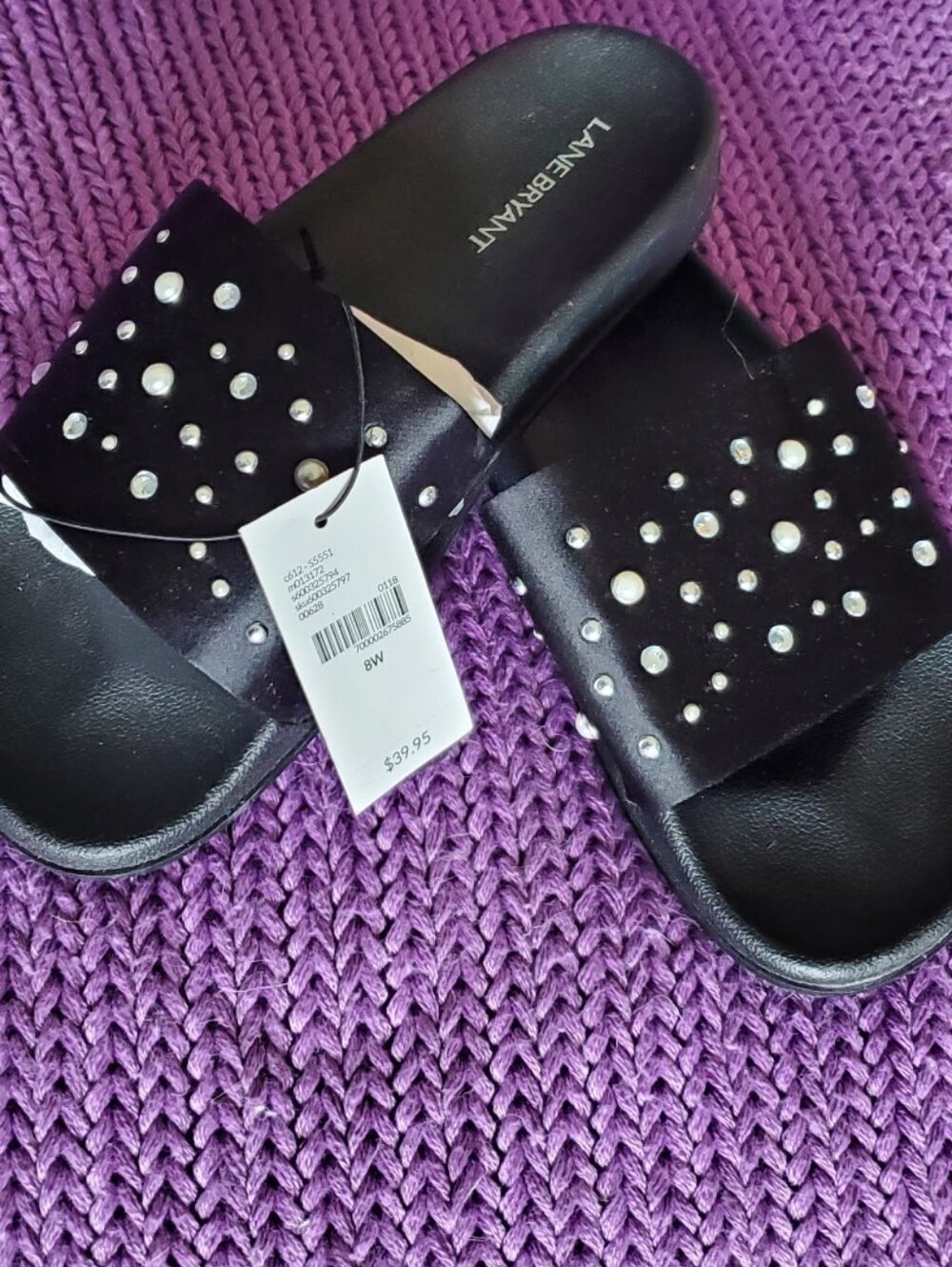 Lane Bryant Black With Pearl & Rhinestone Slide Sandals NWT 8Wide. 🖤💫🔥